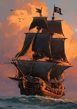 Pirate Ship Sailing at Sunset