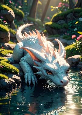 White Dragon Drinking from Forest Pond