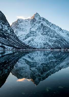 Snowy Mountain Reflection in Calm Water