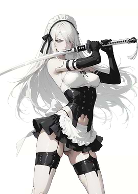 Anime Girl with Sword in Maid Outfit