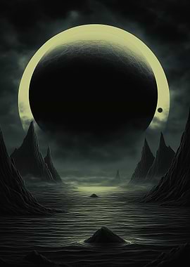 Eerie Planet Landscape with Dark Water