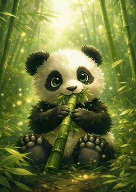 Cute Panda Eating Bamboo in Forest
