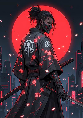 Cyberpunk Samurai with Red Moon