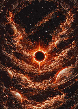 Ornate Space Nebula with Planets