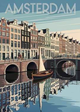 Amsterdam Cityscape with Canal and Boat