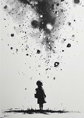 Child Gazing at Abstract Ink Sky