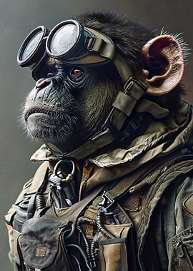 Chimpanzee in Military Gear with Goggles