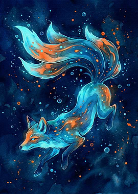 Mystical Nine-Tailed Fox Watercolor Painting