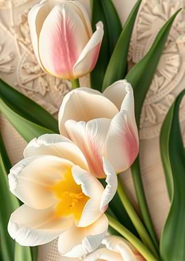 Elegant Tulips on Lace Background