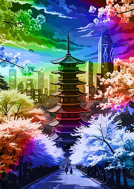 Rainbow Pagoda in Futuristic Cityscape