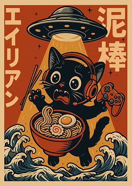 Alien Abduction: Gaming Cat with Ramen