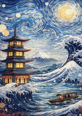 Japanese Pagoda with Great Wave Art