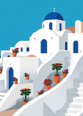 Santorini Architecture with Flowers