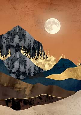 Abstract Mountain Landscape with Moon