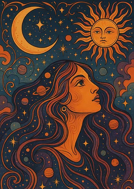 surealism Celestial Woman with Sun and Moon