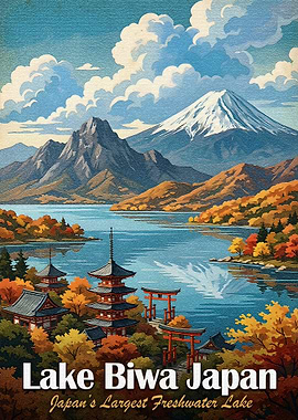 Lake Biwa Japan Vintage Travel Poster