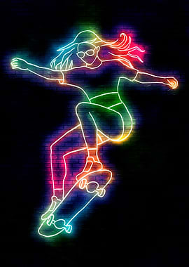 Neon Skateboarder on Brick Wall
