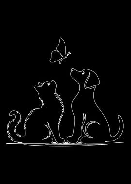 Cat, Dog, and Butterfly Line Art
