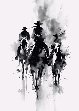 Cowboys on Horseback Watercolor Painting