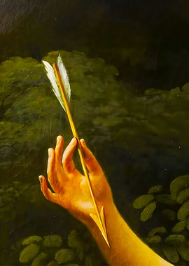 Hand holding arrow in dark forest