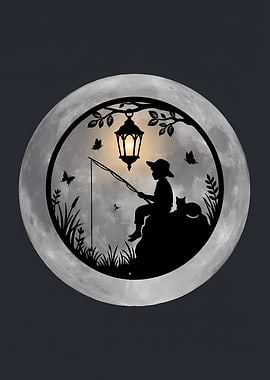 Boy Fishing Silhouette in the Moon