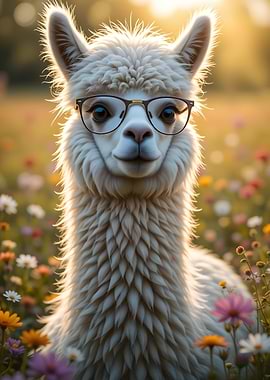 Alpaca with Glasses in Flower Field