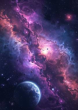 Cosmic Nebula with Planet and Stars