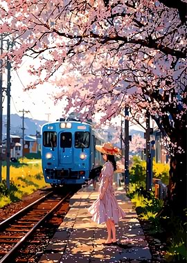 Anime Girl Waiting for Train, Cherry Blossoms