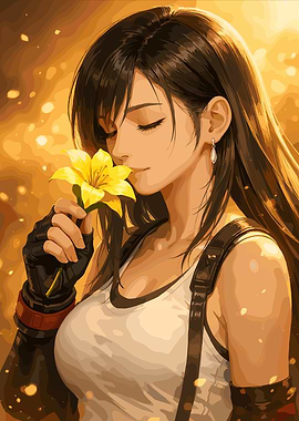 Tifa Lockhart smelling a yellow flower