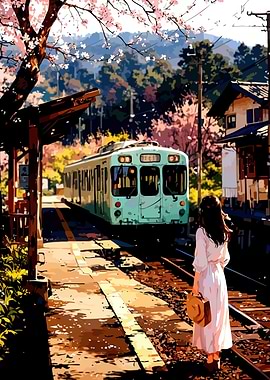 Japanese Train Station with Cherry Blossoms