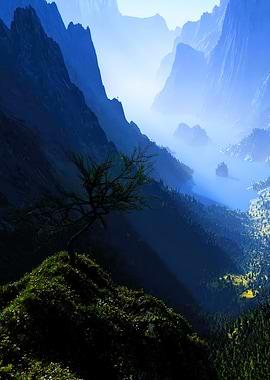 Blue Mountain Landscape with Lone Tree