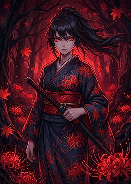 Anime Girl with Katana in Red Forest