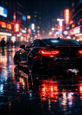 Black sports car in rainy cityscape