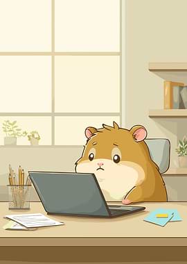 Sad Hamster Working on Laptop