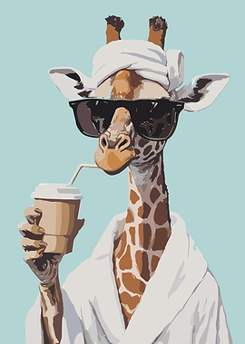 Giraffe in Robe Drinking Coffee