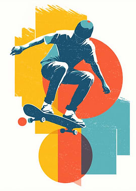 Skateboarder in Action with Geometric Shapes