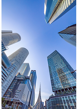 Skyscrapers against a clear blue sky