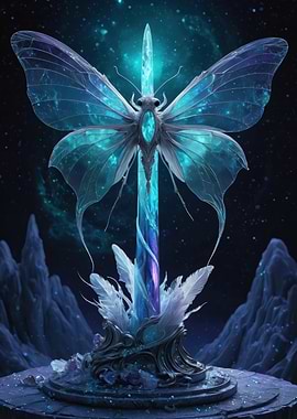 Ethereal Crystal Moth on a Glowing Sword — Blue Fantasy Digital Art