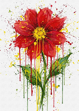Red Flower Watercolor Painting with Splatters