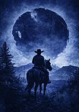 Cowboy and Horse Under a Giant Moon