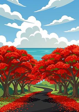 Road with Red Flamboyant Trees