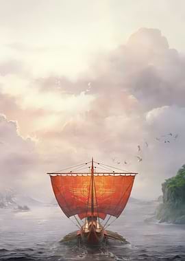 Ancient Roman Ship Sailing on Water