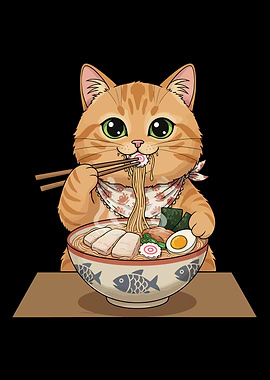 Cat Eating Ramen Noodles Illustration