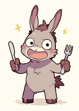 Cartoon Donkey with Fork and Knife