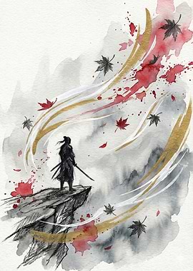 Samurai on Cliff with Autumn Leaves