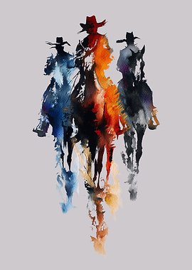 Cowboys on Horseback Watercolor Painting