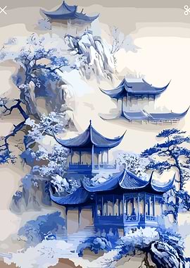 Blue and White Asian Landscape Painting