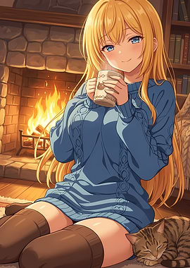 Cozy Anime Girl by Fireplace