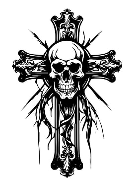Skull on Ornate Cross Black and White