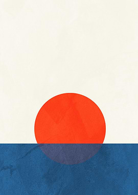 Minimalist Red Sun and Blue Sea